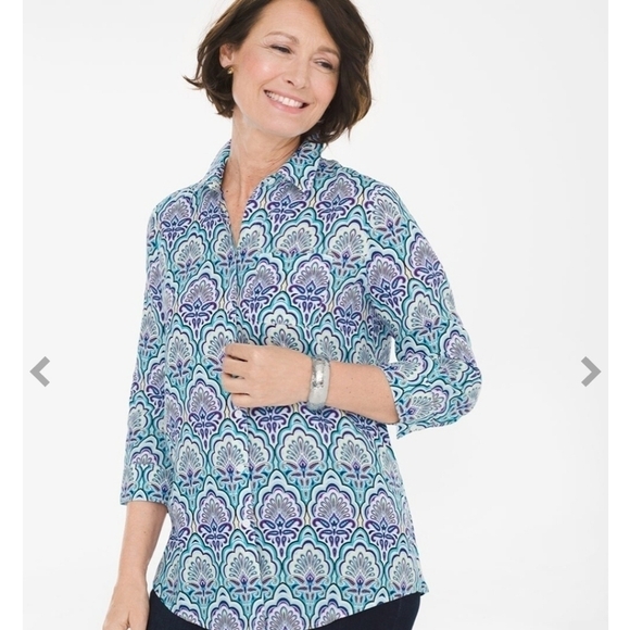 Chico's Scallop-Print Button Front No Iron Linen Shirt Size 0=8/10 Colorful - Picture 12 of 13